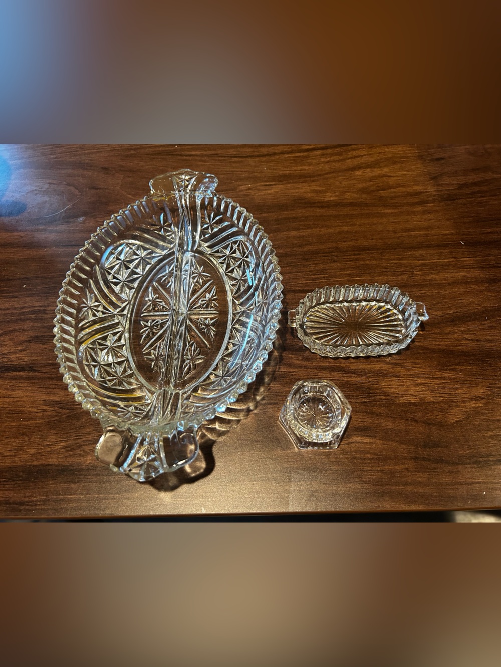 VTG Timeless Decor  Anchor Hocking Relish Dish, Salt Cellar & Tray  Clear Glass